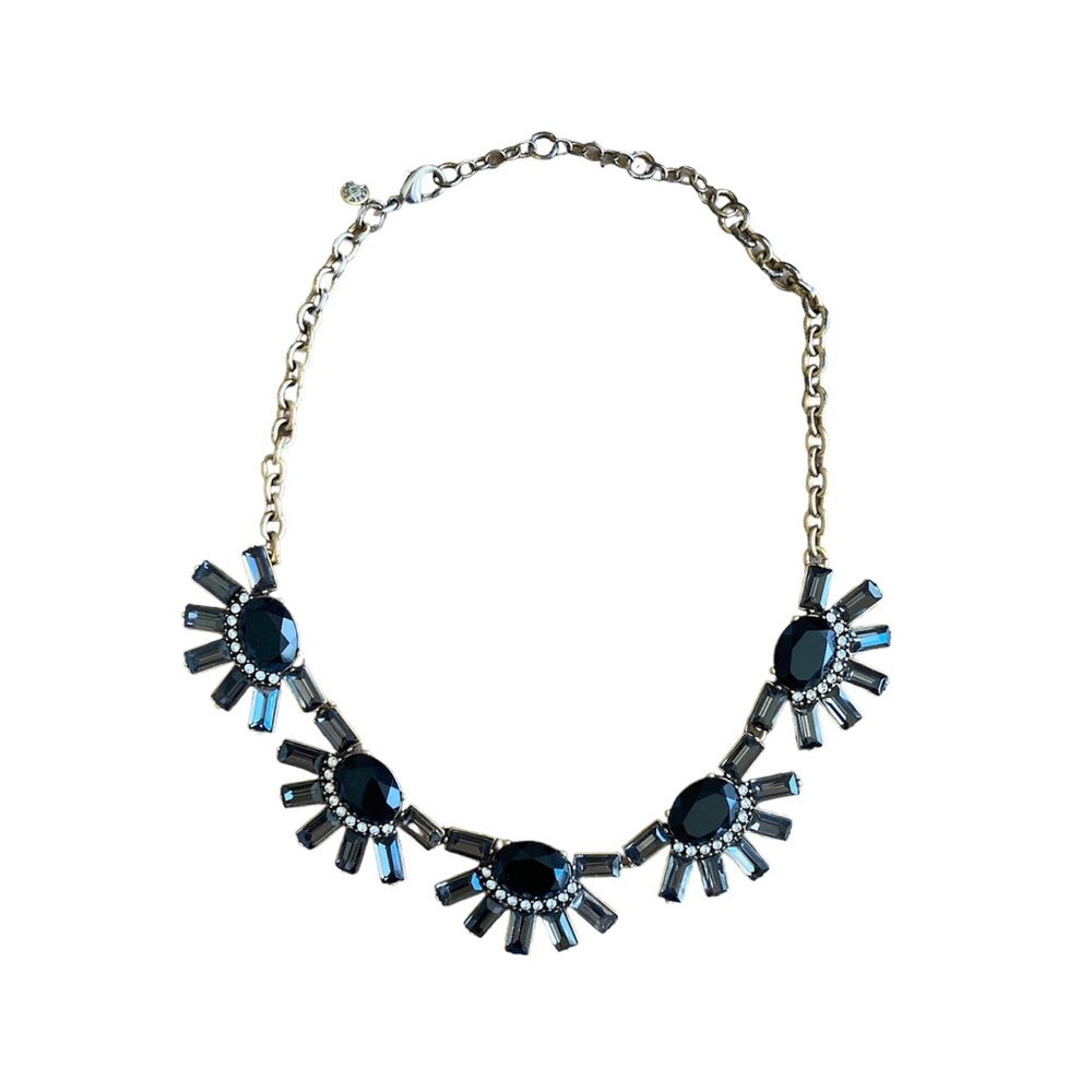 J Crew Black Grey Silver Stones Gold Statement Necklace Floral | Adjustable